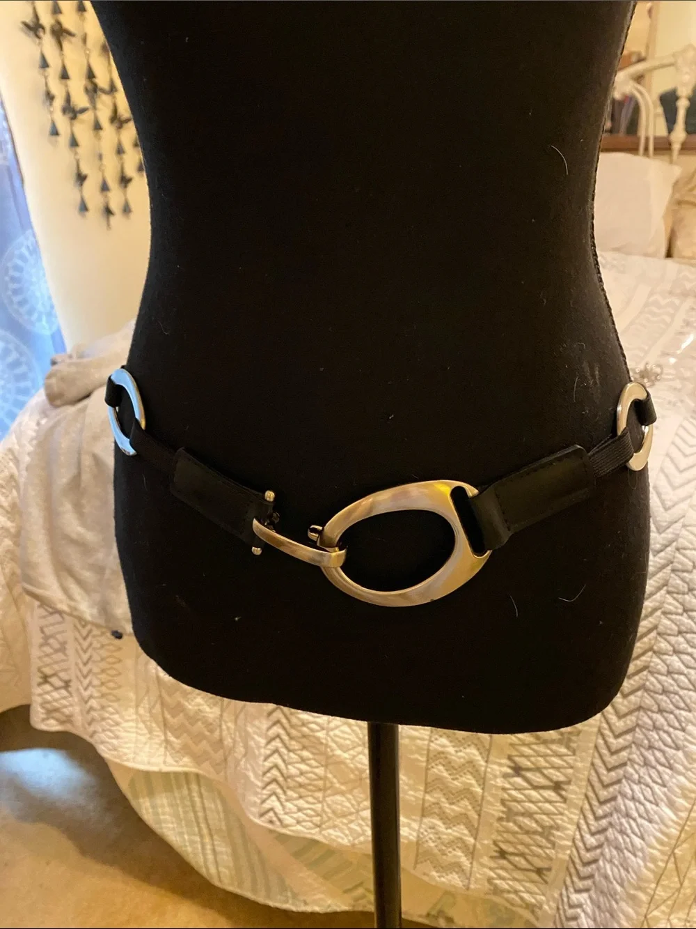 Black Elastic Belt with Brushed Silver Tone Rings Funky mid century